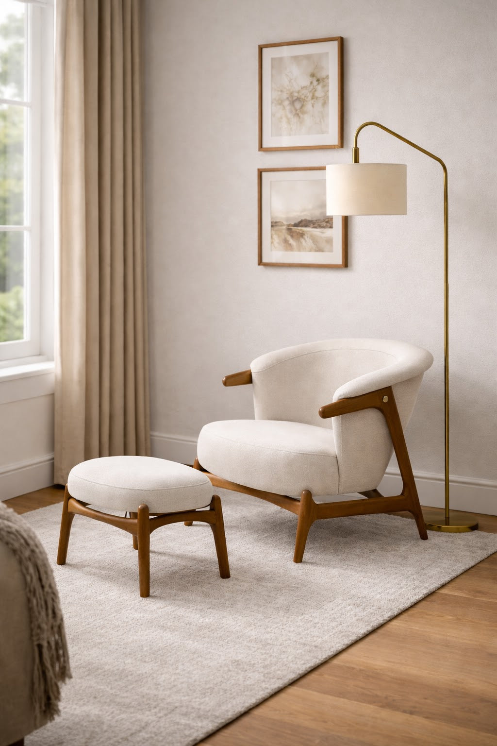 Poltrona Arya com Puff – ambientada, vista lateral