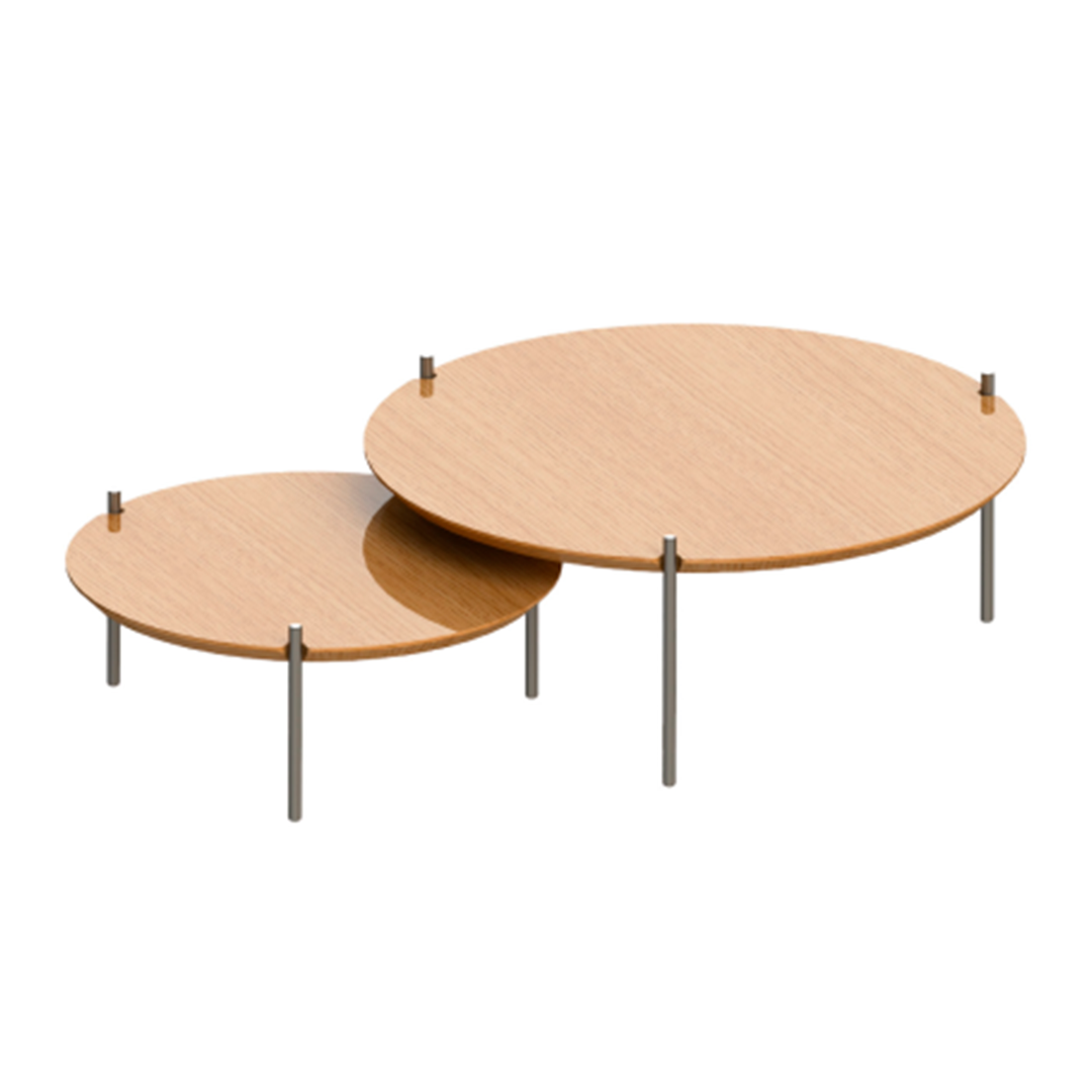 Conjunto Mesa de Centro Zoom com duas mesas arredondadas de madeira sobrepostas